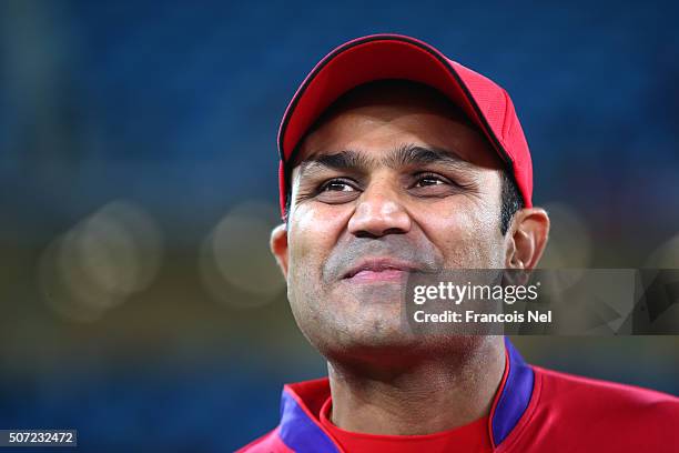 Virender Sehwag of Gemini Arabians looks on during the opening match of the Oxigen Masters Champions League 2016 between Libra Legends and Gemini...