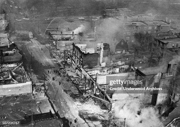 The west side of Chicago is on fire during riots following the assassination of civil rights leader Martin Luther King, Chicago, Illinois, April 1968.