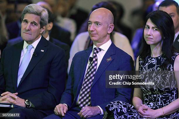 Secretary of State John Kerry, Amazon founder and Washington Post owner Jeff Bezos and his wife MacKenzie Bezos participate in the opening ceremony...