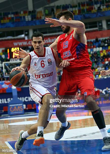 Nikos Zisis, #6 of Brose Baskets Bamberg competes with Joel Freeland, #19 of CSKA Moscow in action during the Turkish Airlines Euroleague Basketball...