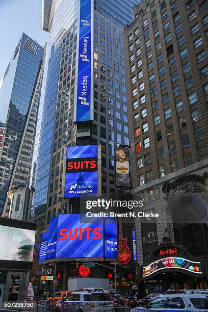 General view of the atmosphere during Actor Gabriel Macht, the Comcast Corporation and USA Network ring the Nasdaq opening bell at the NASDAQ...