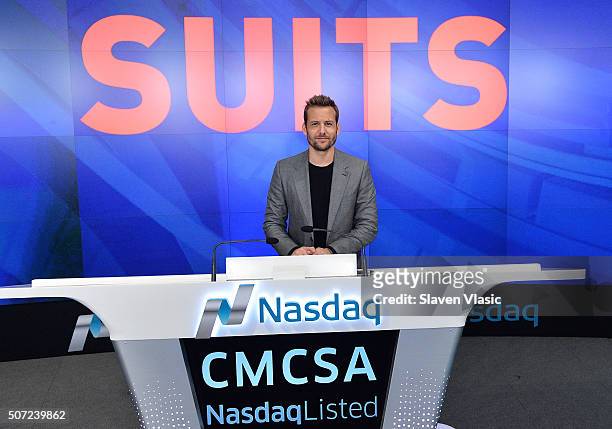 Gabriel Macht, star of 'Suits' rings the Opening Bell at NASDAQ MarketSite on January 28, 2016 in New York City.