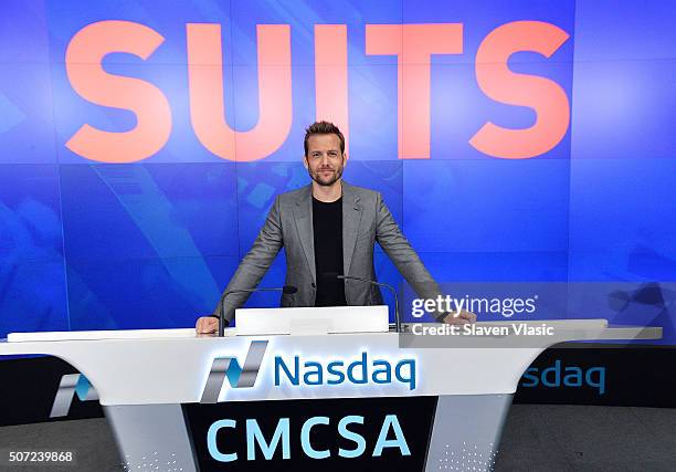 Gabriel Macht, star of 'Suits' rings the Opening Bell at NASDAQ MarketSite on January 28, 2016 in New York City.