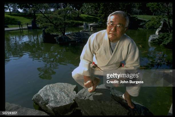 San Jose St. Coach Yosh Uchida portrait in the Japanese Friendship Garden.; Alone, feature.;