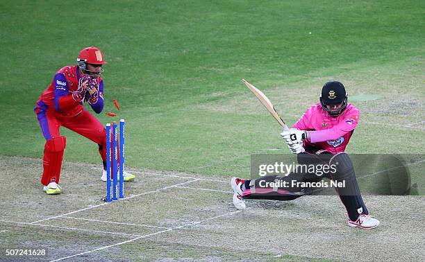 Marcus North of Libra Legends is stumped by Kumar Sangakkara of Gemini Arabians during the opening match of the Oxigen Masters Champions League 2016...