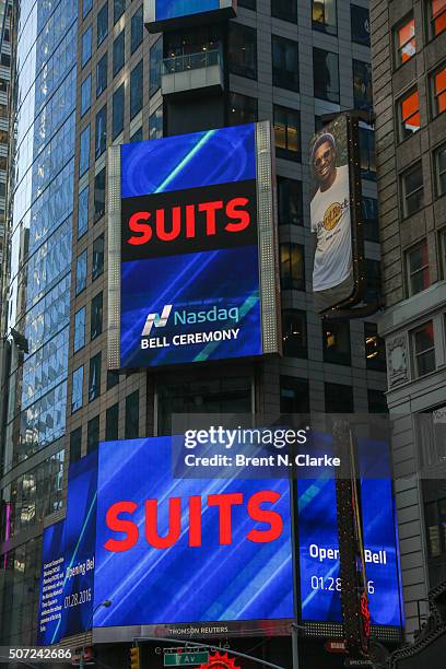 General view of the atmosphere during Actor Gabriel Macht, the Comcast Corporation and USA Network ring the Nasdaq opening bell at the NASDAQ...