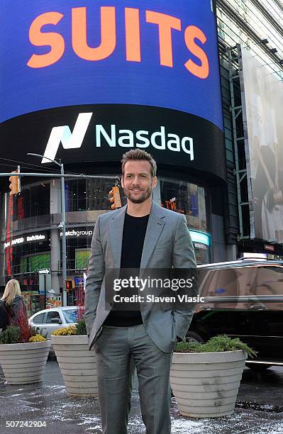 Gabriel Macht, star of 'Suits' visits the Opening Bell at NASDAQ MarketSite on January 28, 2016 in New York City.