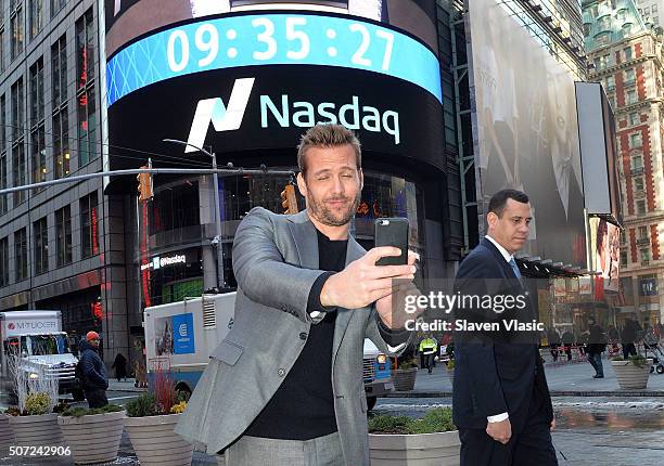 Gabriel Macht, star of 'Suits' visits the Opening Bell at NASDAQ MarketSite on January 28, 2016 in New York City.