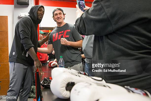 Anthony Johnson greets fans during the UFC Fight Night open workouts at the UFC Gym on January 28, 2016 in Hoboken, New Jersey.