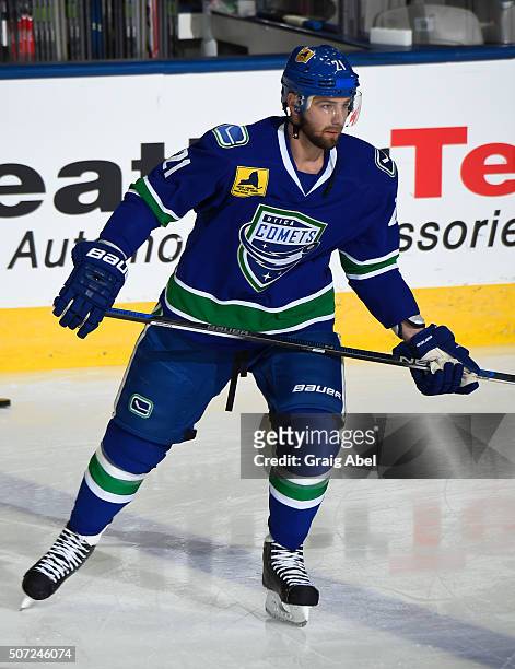 Chris Higgins of the Utica Comets skates in warmup prior to a game against the Toronto Marlies on January 24, 2016 at the Ricoh Coliseum in Toronto,...