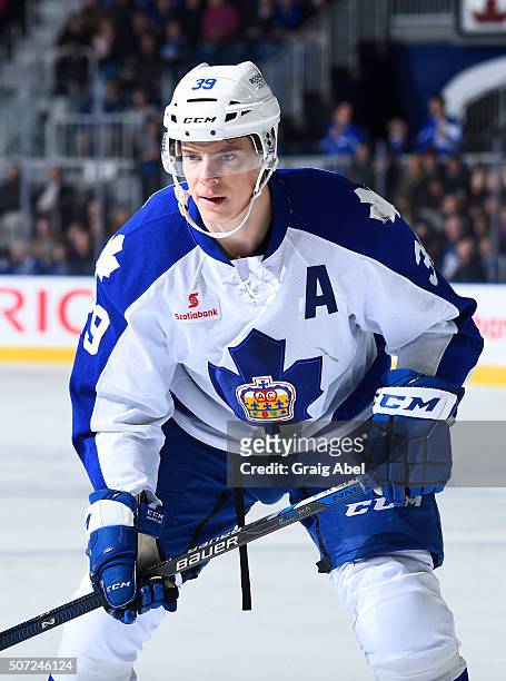 Matt Frattin of the Toronto Marlies watches the play against the Utica Comets on January 24, 2016 at the Ricoh Coliseum in Toronto, Ontario, Canada.