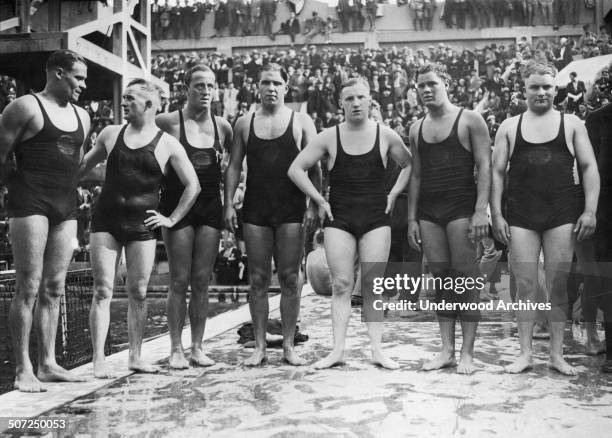 The German water polo team that is competing at the European Aquatic Championships, Tourelles, France, mid 1920s.