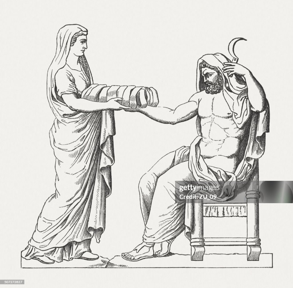 Rhea presenting Cronus the stone wrapped in cloth, Greek mythology