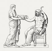 Rhea presenting Cronus the stone wrapped in cloth, Greek mythology