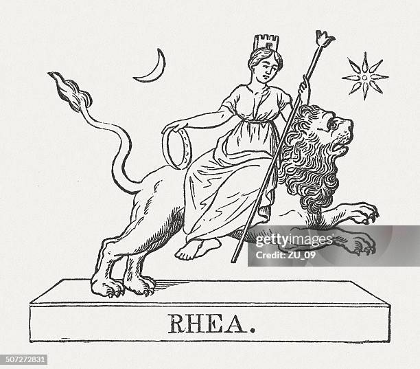 rhea rides on the lion, greek mythology, published in 1878 - rhea planetary moon stock illustrations