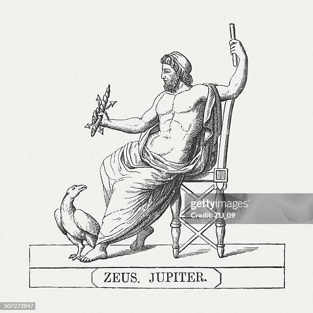 stockillustraties, clipart, cartoons en iconen met zeus, supreme god of greek mythology, wood engraving, published 1878 - zeus