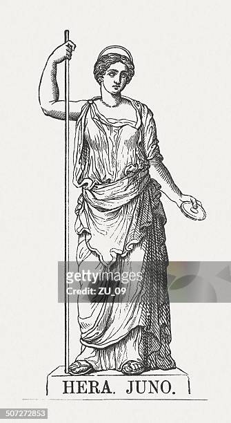 greek goddess hera (roman: juno), wood engraving, published in 1878 - goddess stock illustrations