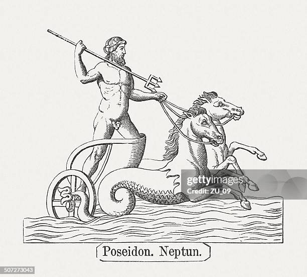 poseidon, or neptune, greek roman mythology, wood engraving, published 1878 - neptune deity stock illustrations