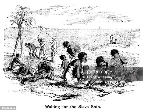 waiting for the slave ship - punishment of slaves stock illustrations