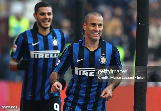 Rodrigo Palacio of FC Internazionale Milano celebrates after scoring the opening goal during the Serie A match between FC Internazionale Milano and...