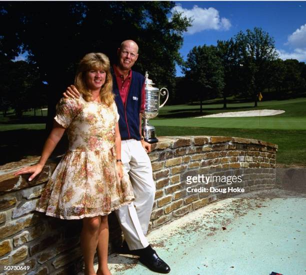 Feature. Portrait of Paul Azinger w. Wife, Toni & PGA Championship trophy.