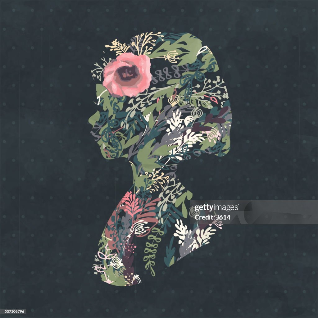 Floral Silhouette Portrait Of A Beautiful Girl In Profile High-Res ...