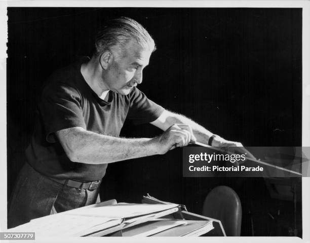 Conductor Arthur Fiedler rehearsing for the NBC Symphony Orchestra summer series, circa 1965.