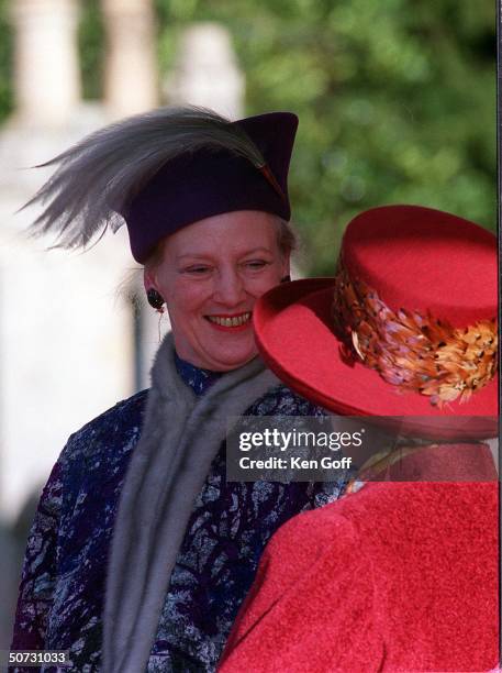 Denmark's Queen Margrethe visiting with England's Queen Elizabeth at Windsor Castle during 3-day State Visit to the UK by Danish Royals.