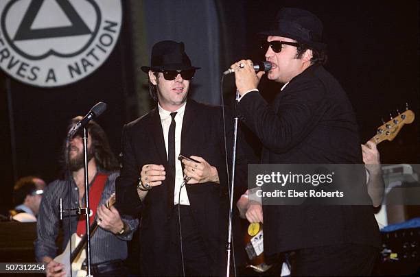 Dan Aykroyd and John Belushi performing with The Blues Brothers at the Palladium in New York City on June 1, 1980.