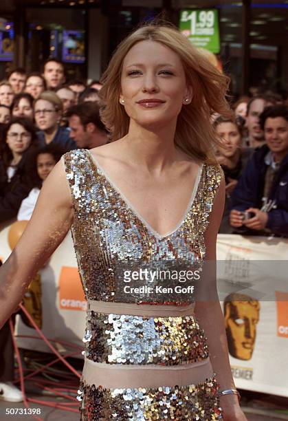 Actress Cate Blanchett in silver low-cut gown at the Bafta Awards, the British Oscars, at the Odeon Leicester Square.