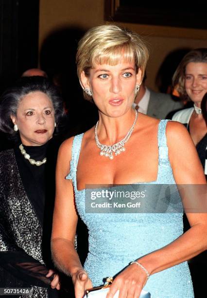 England's Princess Diana in short light blue beaded dress w. Lady Pamela Harlech at the Royal Albert Hall for a performance of Swan Lake by the...