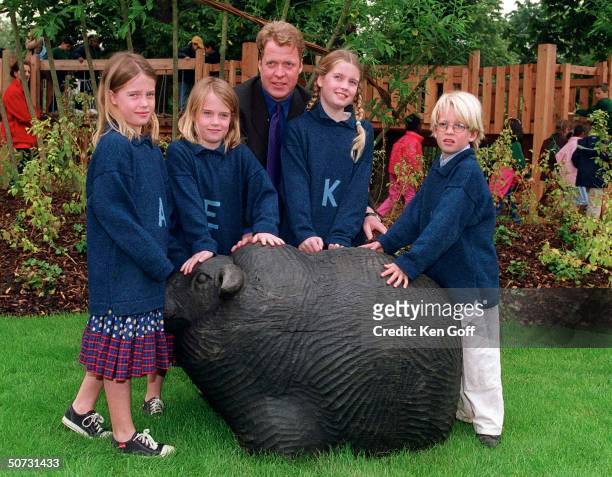 Earl Spencer w. His children Amelia, Eliza, Kitty & Louis at official opening of Princess of Wales Memorial Playground and Walk in Kensington Gardens.