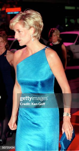 England's Princess Diana in long blue one-shouldered gown at Gala evening on the first night of her visit to Australia.