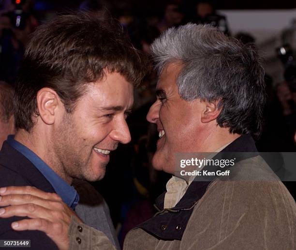 Actor Russell Crowe w. Talk show host Jay Leno at the premiere of the movie Mission Impossible 2 at the Empire, Leicester Square.