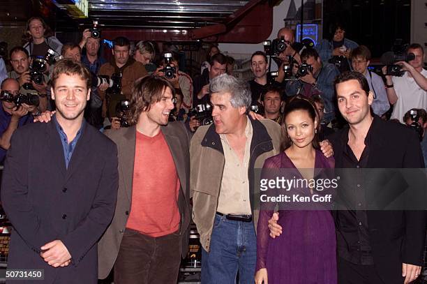 Actors Russell Crowe, Tom Cruise, talk show host Jay Leno, actress Thandie Newton & her husband Oliver Parker at the premiere of the movie Mission...