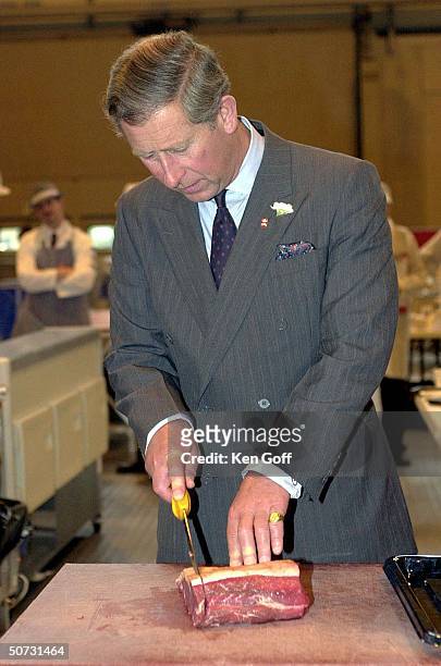 England's Prince Charles cutting steak of Scottish Beef at a butchery display by Boxley's of Wombourne during visit to 'Skills' show at the National...