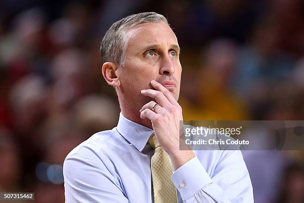 Head coach Bobby Hurley of the Arizona State Sun Devils watches the action during the first half of the college basketball game at Wells Fargo Arena...