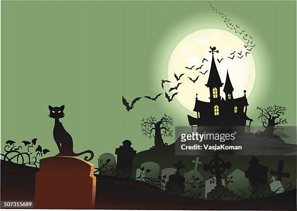 猫、幽霊屋敷と墓地 - 真夜中点のイラスト素材／クリップアート素材／マンガ素材／アイコン素材