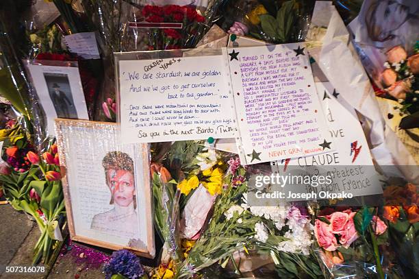 Close up details of Flowers, letters and other tributes left on a mound continue to grow two weeks after the death of Brixton born English singer,...