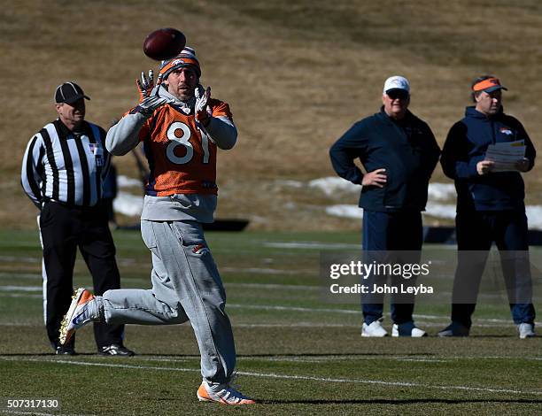 Denver Broncos tight end Owen Daniels catches a pass during practice January 28, 2016 at UCHealth Training Center in preparation for Super Bowl 50 in...