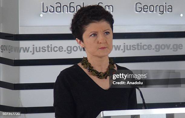 Minister of Justice of Georgia Tea Tsulukiani informs the media during a press conference, about International Criminal Court's authorization of...