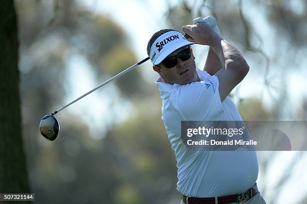 Charlie Beljan tees off on the 11th hole during Round 1 of the Farmers Insurance Open at Torrey Pines North on January 28, 2016 in San Diego,...