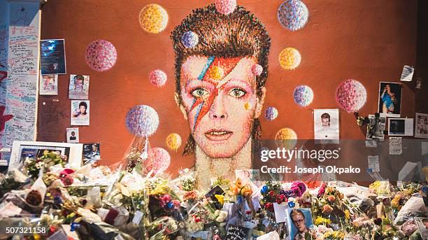 Flowers, letters and other tributes left on a mound continue to grow two weeks after the death of Brixton born English singer, songwriter David Bowie...