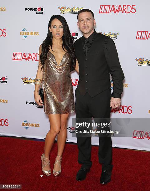 Adult film actor Tony Rubino and adult film actress Megan Rain attend the 2016 Adult Video News Awards at the Hard Rock Hotel & Casino on January 23,...
