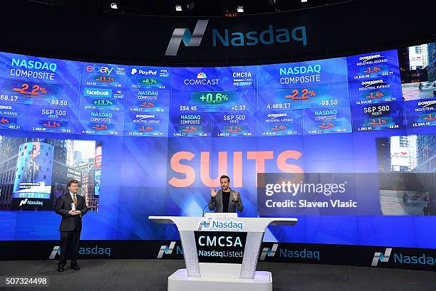 Gabriel Macht, star of "Suits" rings the Opening Bell at NASDAQ MarketSite on January 28, 2016 in New York City.