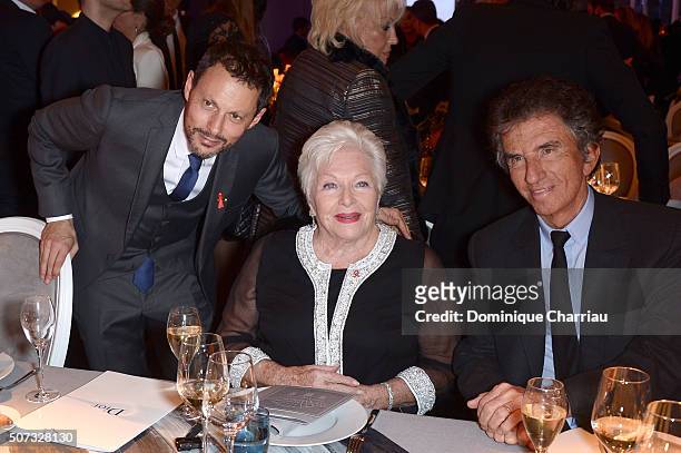 Marc-Olivier Fogiel, Line Renaud and Jack Lang attend the Sidaction Gala Dinner 2016 as part of Paris Fashion Week on January 28, 2016 in Paris,...