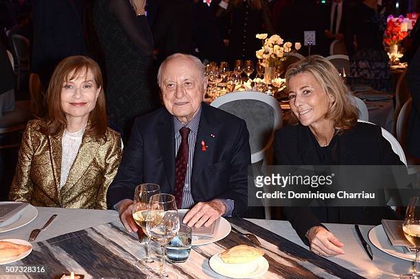 Isabelle Huppert, Pierre Berge and Claire Chazal attend the Sidaction Gala Dinner 2016 as part of Paris Fashion Week on January 28, 2016 in Paris,...