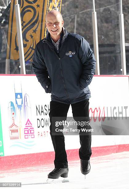 Olympic gold medal winning figure skater Scott Hamilton joins patients on the ice for a skate-a-thon in support of the "SHINE BRIGHT" campaign at...