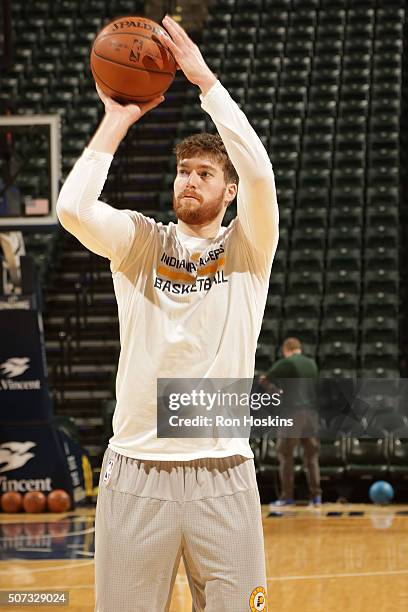 Shayne Whittington of the Indiana Pacers warms up before the game against the Atlanta Hawks on January 28, 2016 at Bankers Life Fieldhouse in...