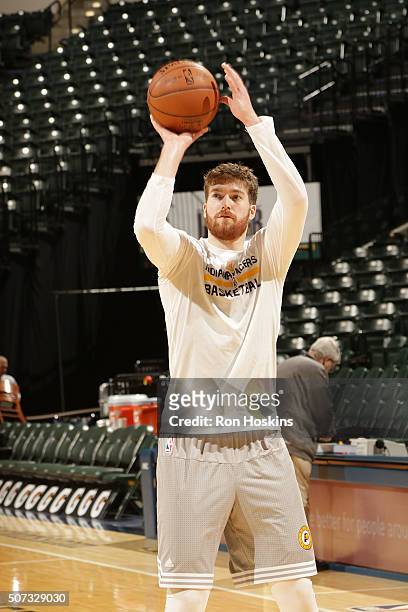 Shayne Whittington of the Indiana Pacers warms up before the game against the Atlanta Hawks on January 28, 2016 at Bankers Life Fieldhouse in...
